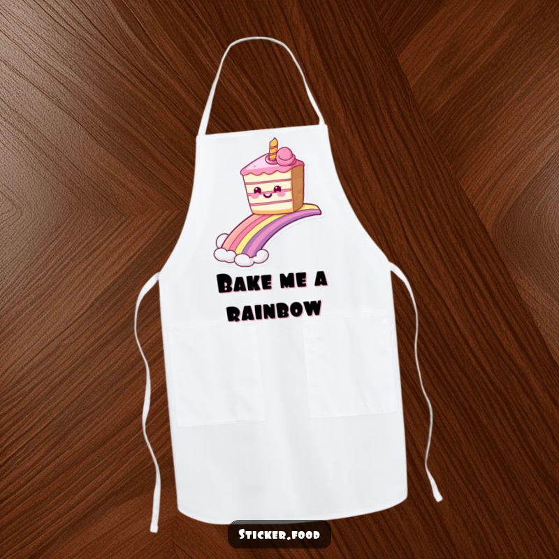 Funny grinning cake apron sliding down a rainbow, kitchenwear for dessert lovers who enjoy magic. Great funny gift.