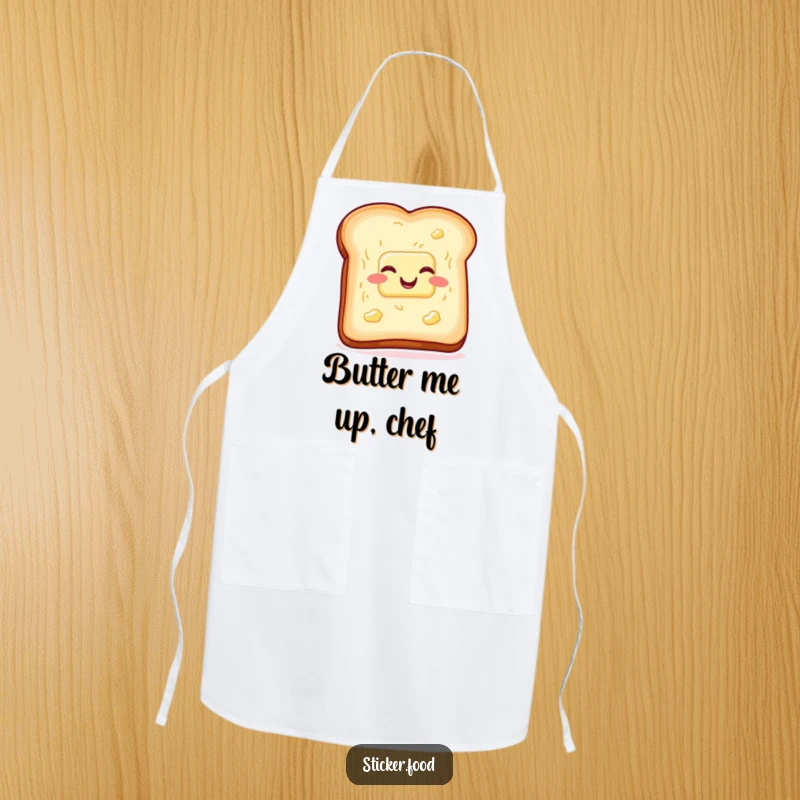 Funny toast and butter apron, wiggling with glee, kitchenwear for breakfast lovers who enjoy humor. Great funny gift.
