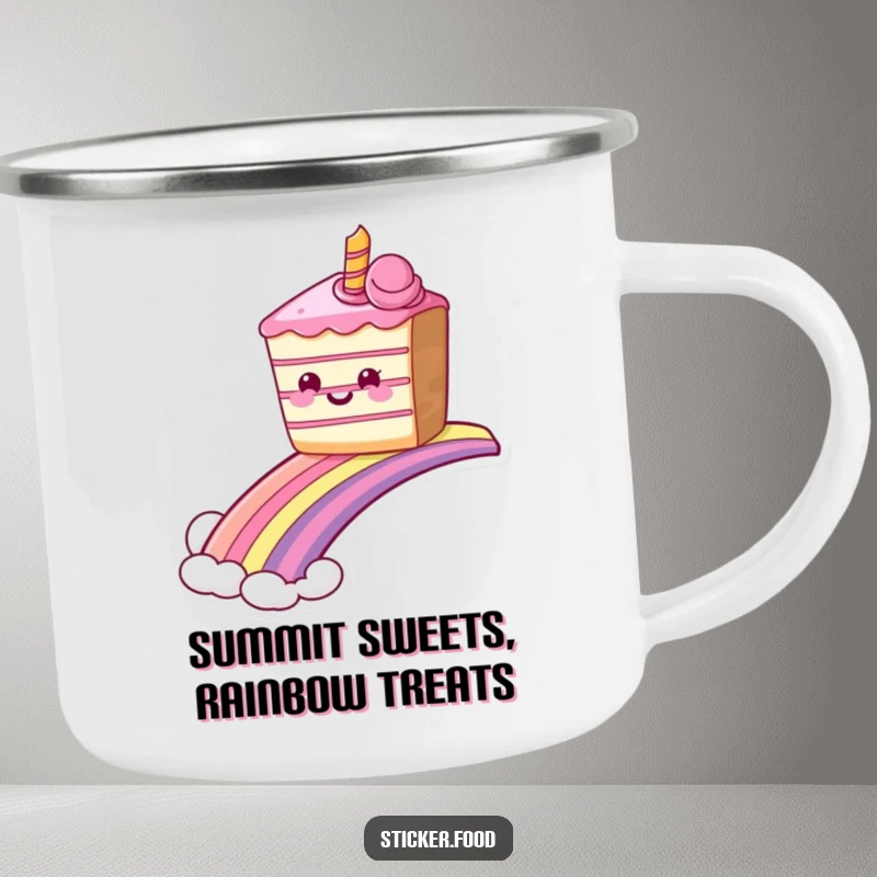 Durable funny grinning cake camping mug sliding down a rainbow, perfect for outdoor sweetness and humor. Great funny gift.