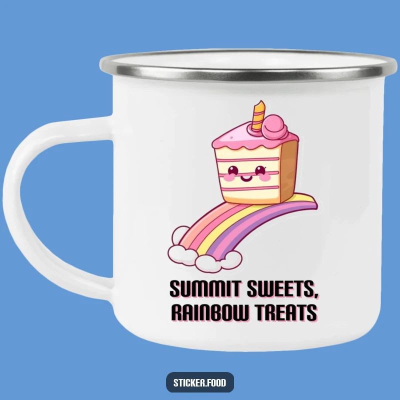 Durable Funny Grinning Cake Rainbow Camping Mug, Sweet Ride Outdoor Gift