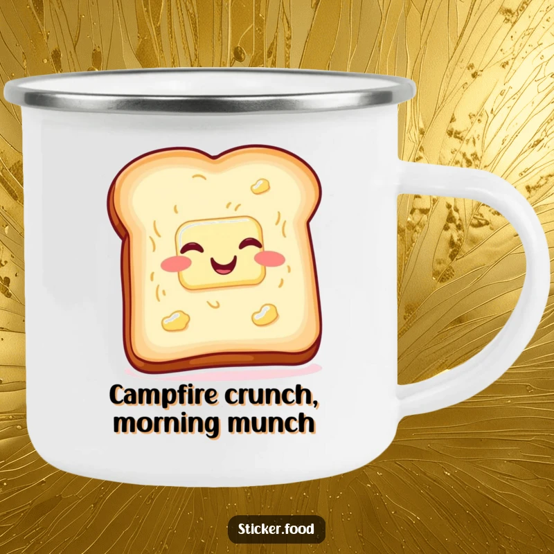 Durable funny toast and butter camping mug, wiggling with glee, perfect for outdoor breakfast humor. Great funny gift.