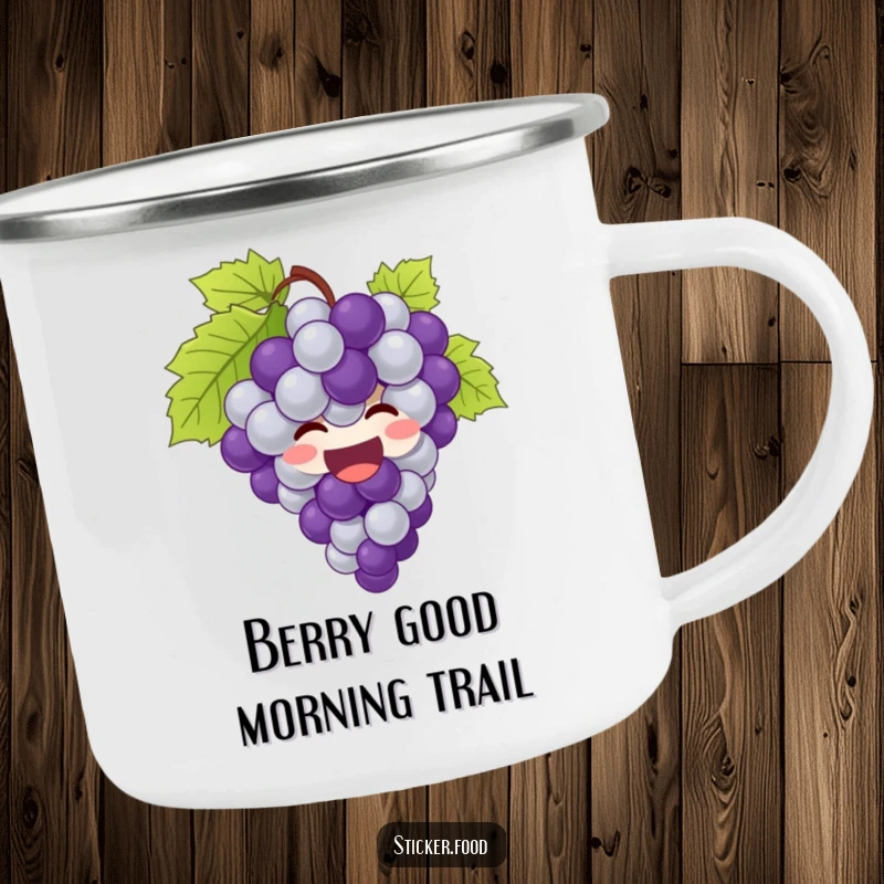 Funny grapes camping mug featuring a giggling bunch of grapes bursting with joy, ready for outdoor fun.