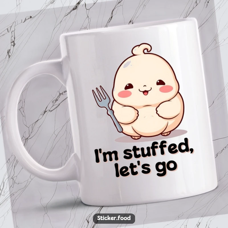Funny dumpling mug featuring a proud, rosy-cheeked dumpling holding a miniature fork, ready to eat.