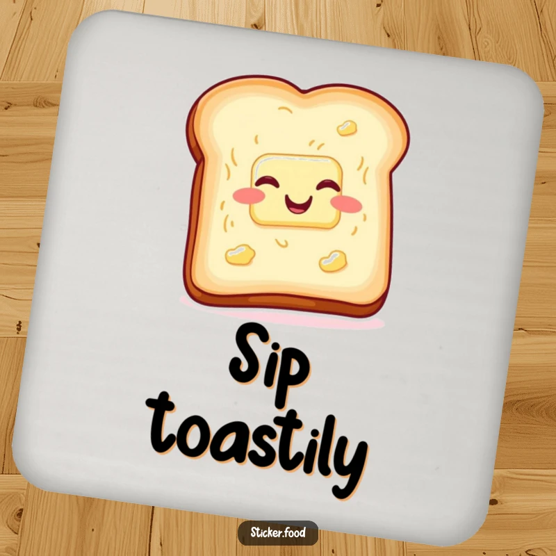 Set of funny toast and butter coasters, wiggling with glee, protecting surfaces with breakfast humor. Ideal funny gift.