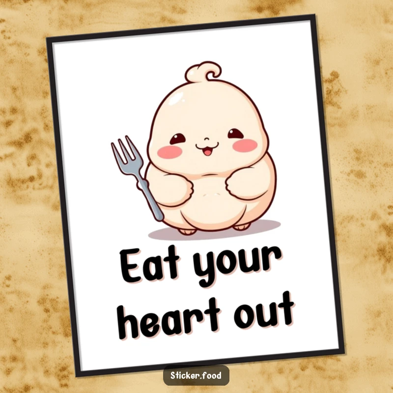 Funny dumpling poster art of a proud dumpling with rosy cheeks holding a small fork, adding humor to any room.