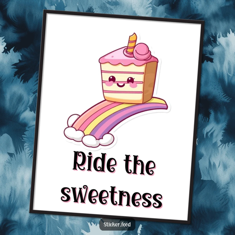 Funny grinning cake poster sliding down a rainbow, adding vibrant color and sweet humor to walls. Excellent funny gift.