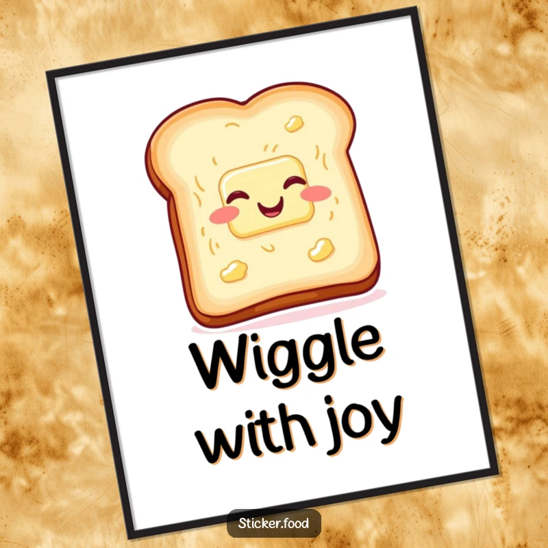 Funny toast and butter poster, wiggling with glee, adding vibrant breakfast humor to walls. Excellent funny gift.