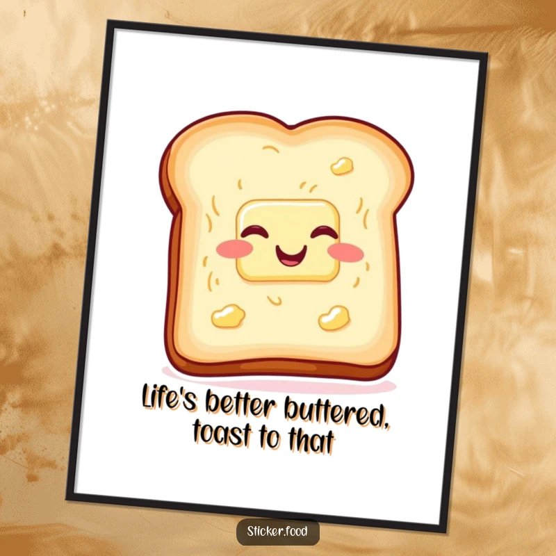 Funny Free Printable Wall Art: A slice of toast with butter wiggling with glee, bringing warm and humorous breakfast art home.