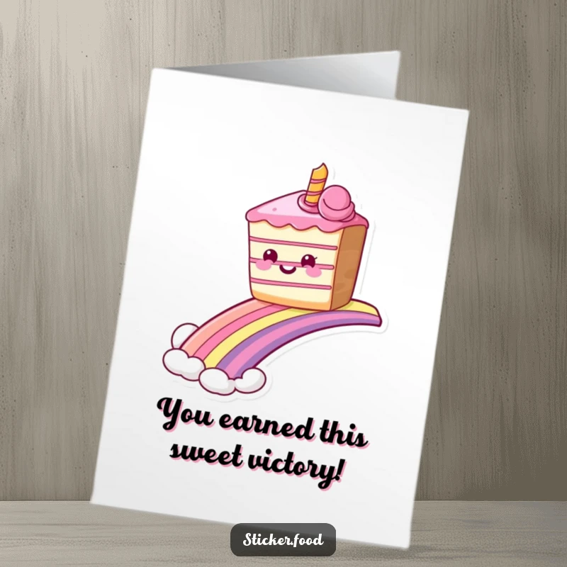 Funny Free Printable Congratulations Card: A grinning cake sliding down a rainbow, celebrating success with a sweet and joyful slide.