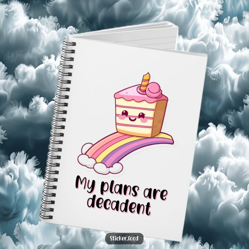 Funny grinning cake notebook sliding down a rainbow, ideal for journaling with sweet, magical humor. Ideal funny gift.