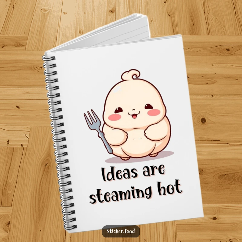 Funny dumpling notebook with a proud dumpling holding a tiny fork, ideal for writing notes and doodles.
