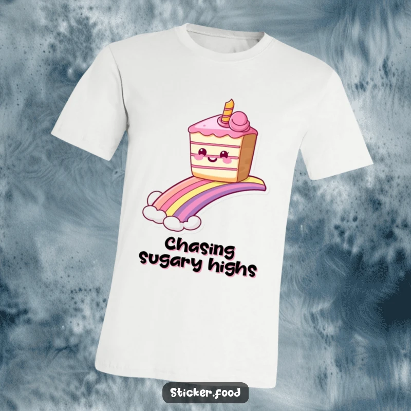 Funny grinning cake T-shirt sliding down a rainbow, perfect for those who love sweet adventures. Great funny gift.