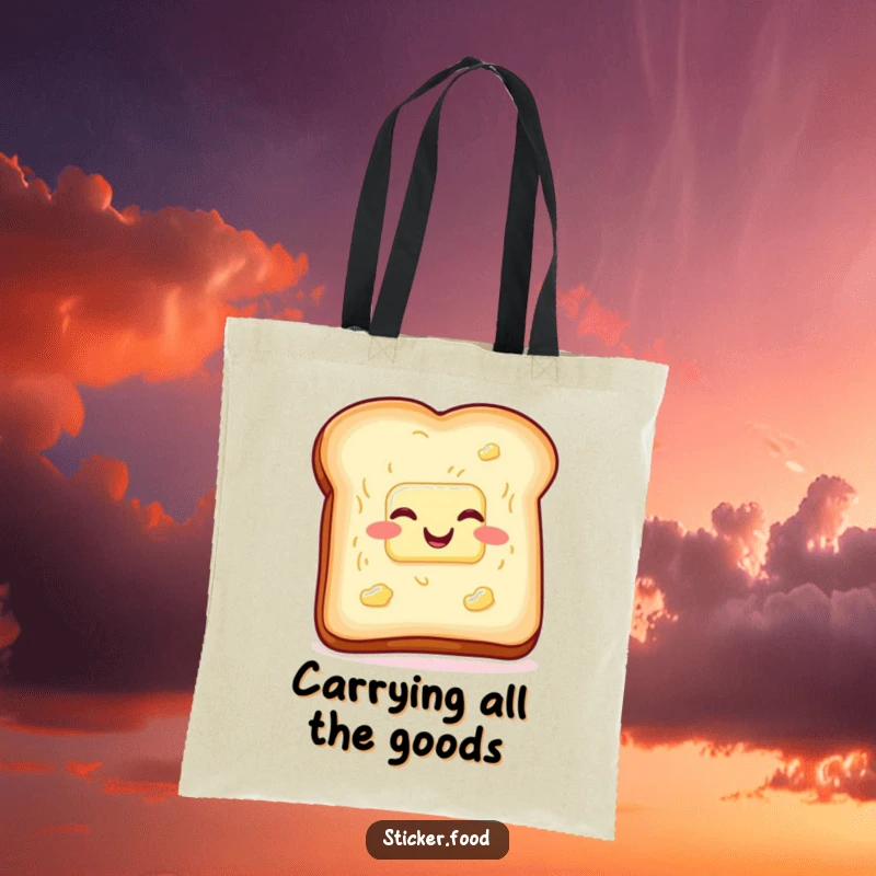 Funny toast and butter tote bag, wiggling with glee, perfect for carrying items with breakfast humor. Great funny gift.