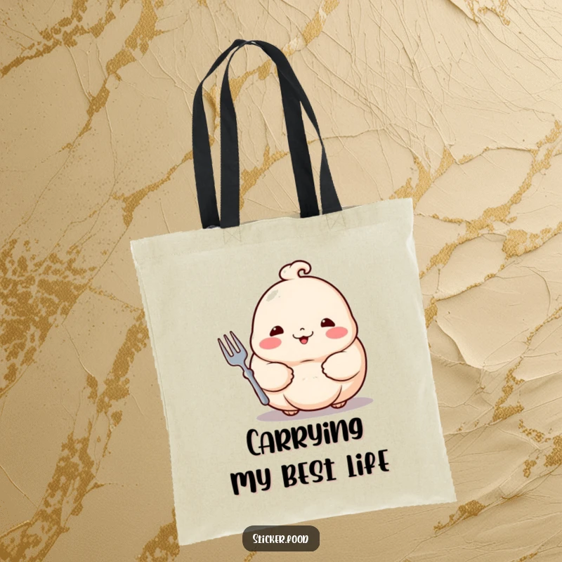 Funny dumpling tote bag showcasing a proud dumpling with rosy cheeks holding a tiny fork, ready for adventure.