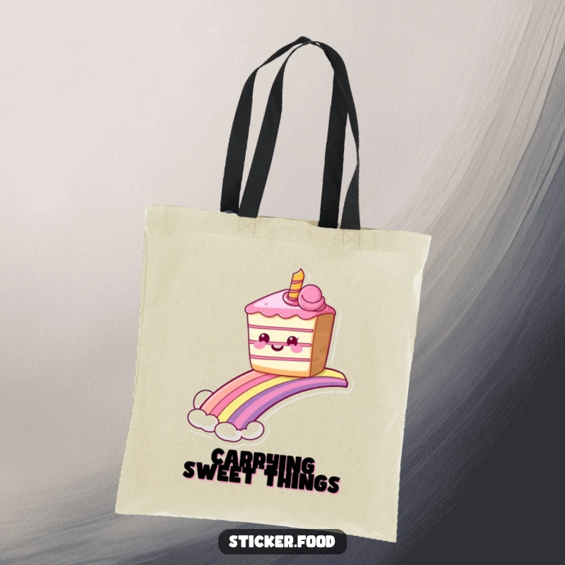 Funny grinning cake tote bag sliding down a rainbow, perfect for carrying treats with sweet humor. Great funny gift.